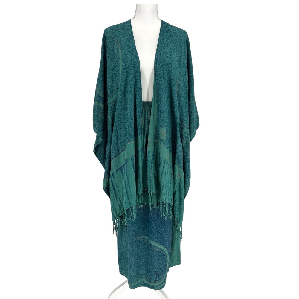 Southwest Indian Foundation Teal Rayon Fringe Kimono & Maxi Skirt Set Large